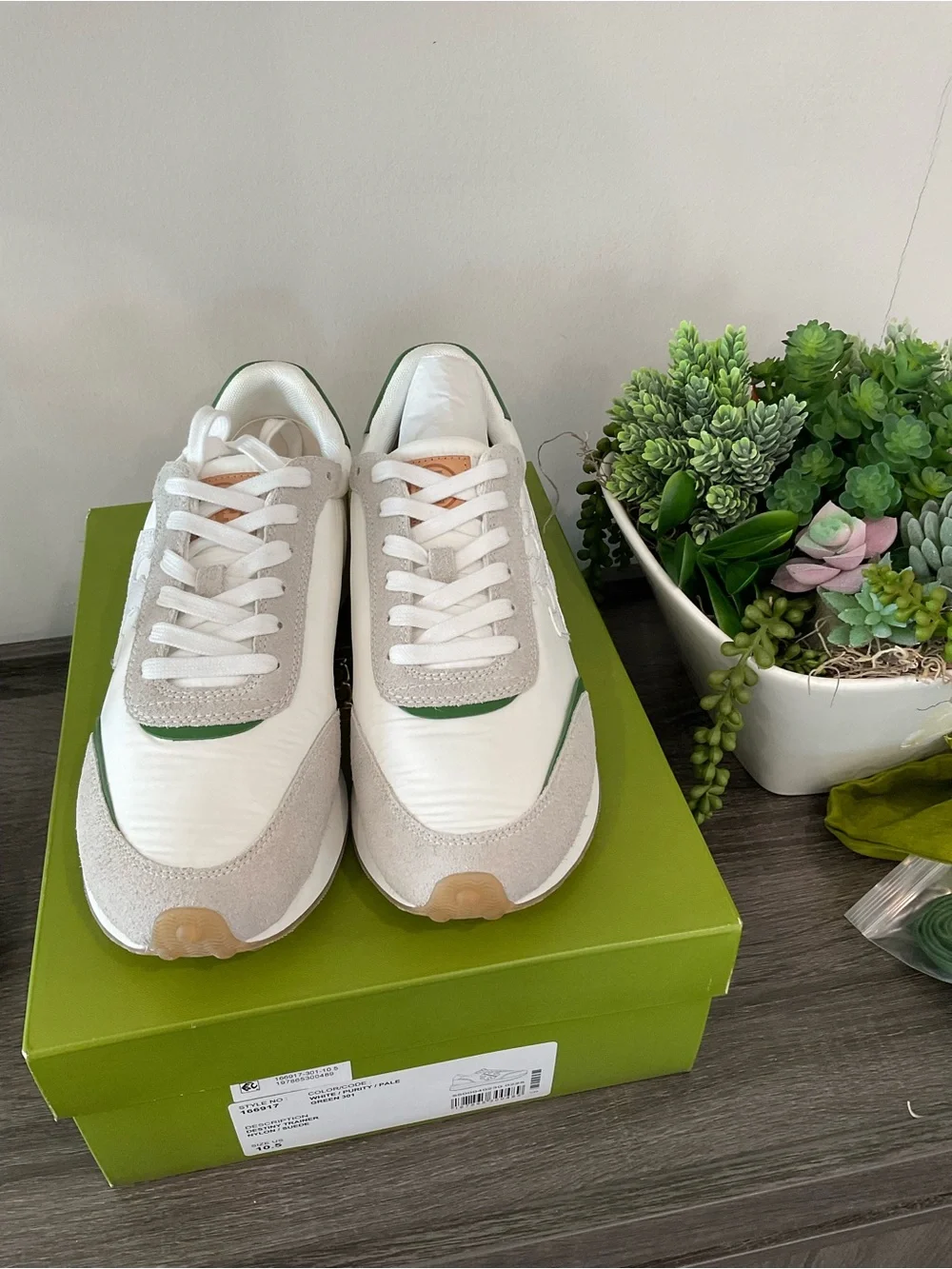 White & Green Leather Suede Sneakers